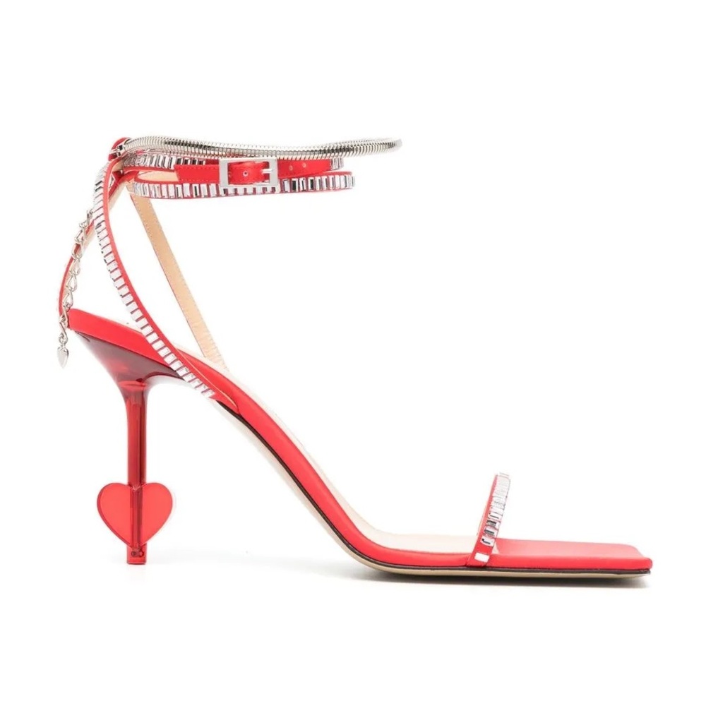 Mach & Mach Red Crystal Heart 105mm Satin Sandals | NWOB | Size 40